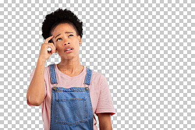 Buy stock photo Planning, thinking and black woman with doubt, confused and decision isolated on transparent background. African person, why and model anxious, questions and emoji with ideas, png and problem solving