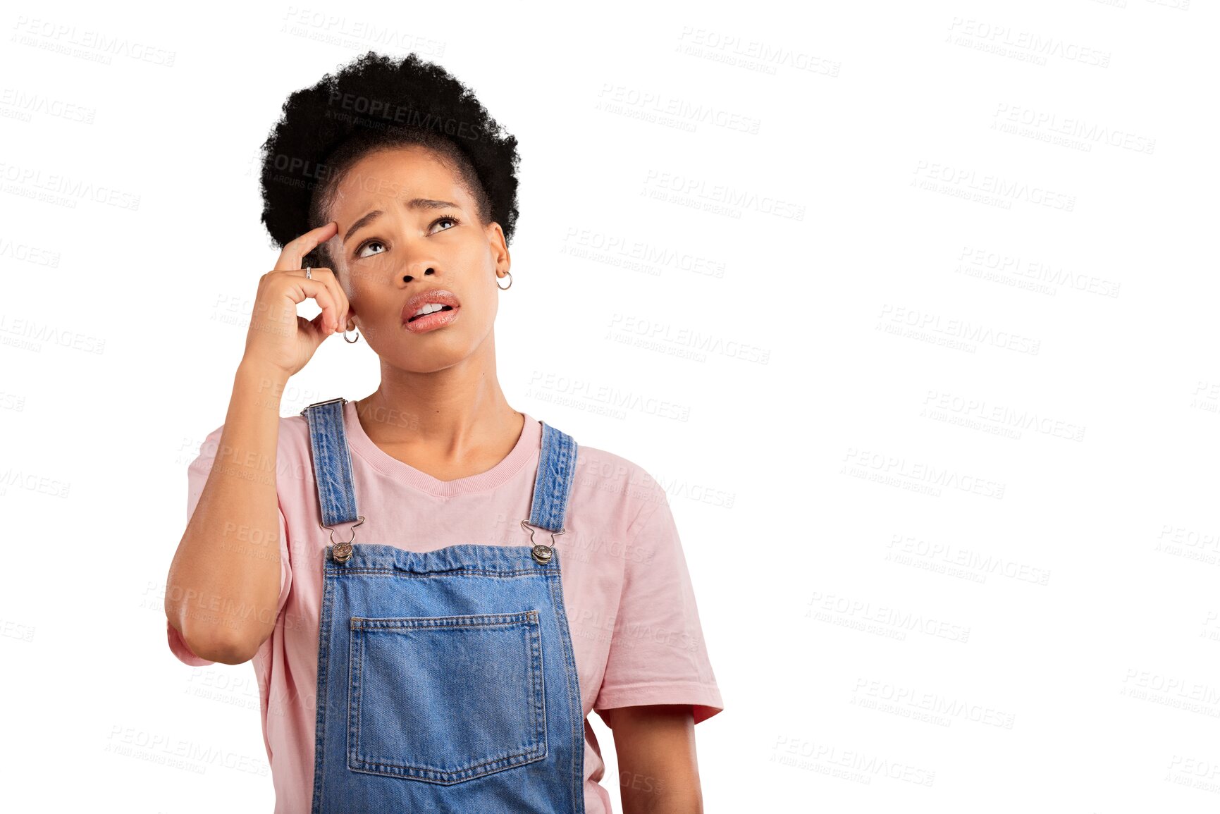 Buy stock photo Planning, thinking and black woman with doubt, confused and decision isolated on transparent background. African person, why and model anxious, questions and emoji with ideas, png and problem solving