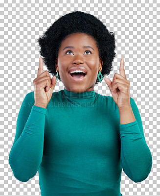 Buy stock photo Wow, news and excited black woman with hand pointing up to isolated, transparent or png background. Emoji, face and happy African model show unexpected giveaway, deal or secret announcement promotion