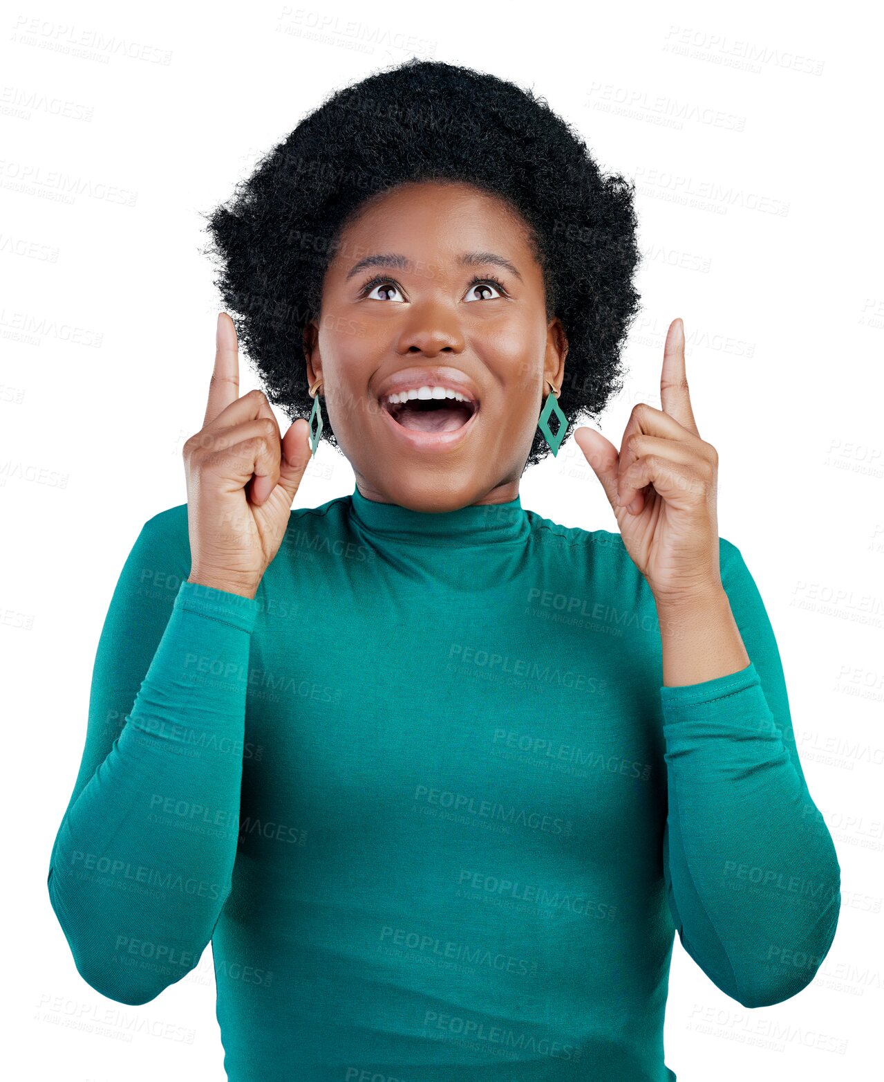 Buy stock photo Wow, news and excited black woman with hand pointing up to isolated, transparent or png background. Emoji, face and happy African model show unexpected giveaway, deal or secret announcement promotion