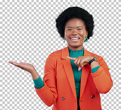 Buy stock photo Happy black woman, portrait and pointing to palm or isolated on transparent png background. Face of African female person show advertisement in marketing, list and sale discount for advertising