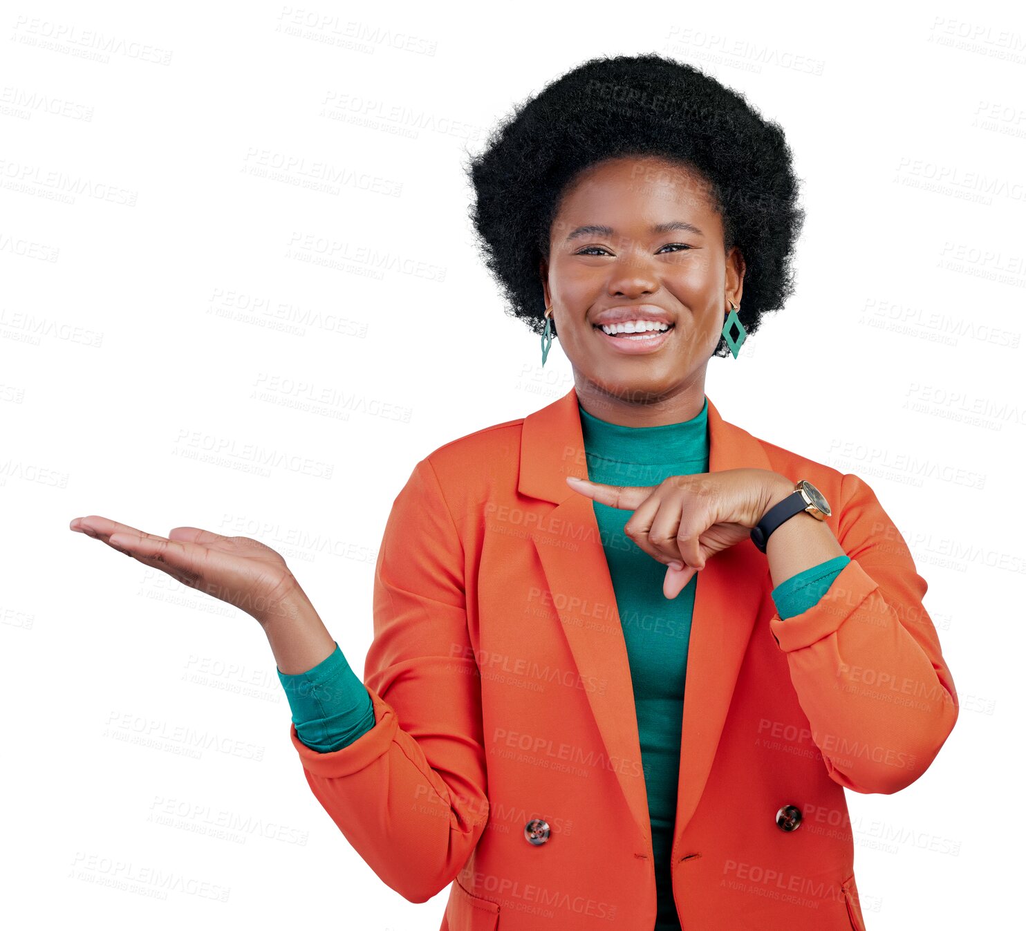 Buy stock photo Happy black woman, portrait and pointing to palm or isolated on transparent png background. Face of African female person show advertisement in marketing, list and sale discount for advertising