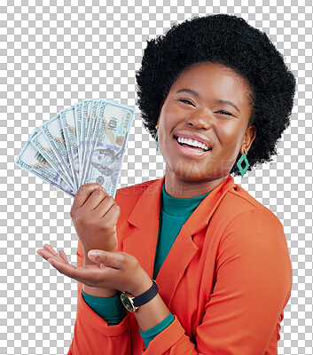 Buy stock photo Portrait, money and hands of black woman with bank, loan or payment on isolated, transparent or png background. Budget, success and face of model smile for cash, offer or poker, bingo or investment