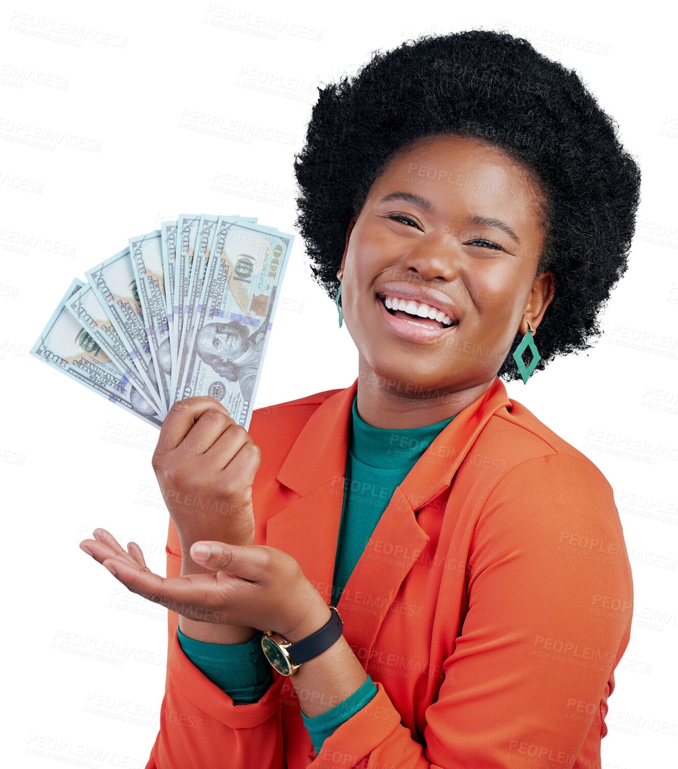 Buy stock photo Portrait, money and hands of black woman with bank, loan or payment on isolated, transparent or png background. Budget, success and face of model smile for cash, offer or poker, bingo or investment