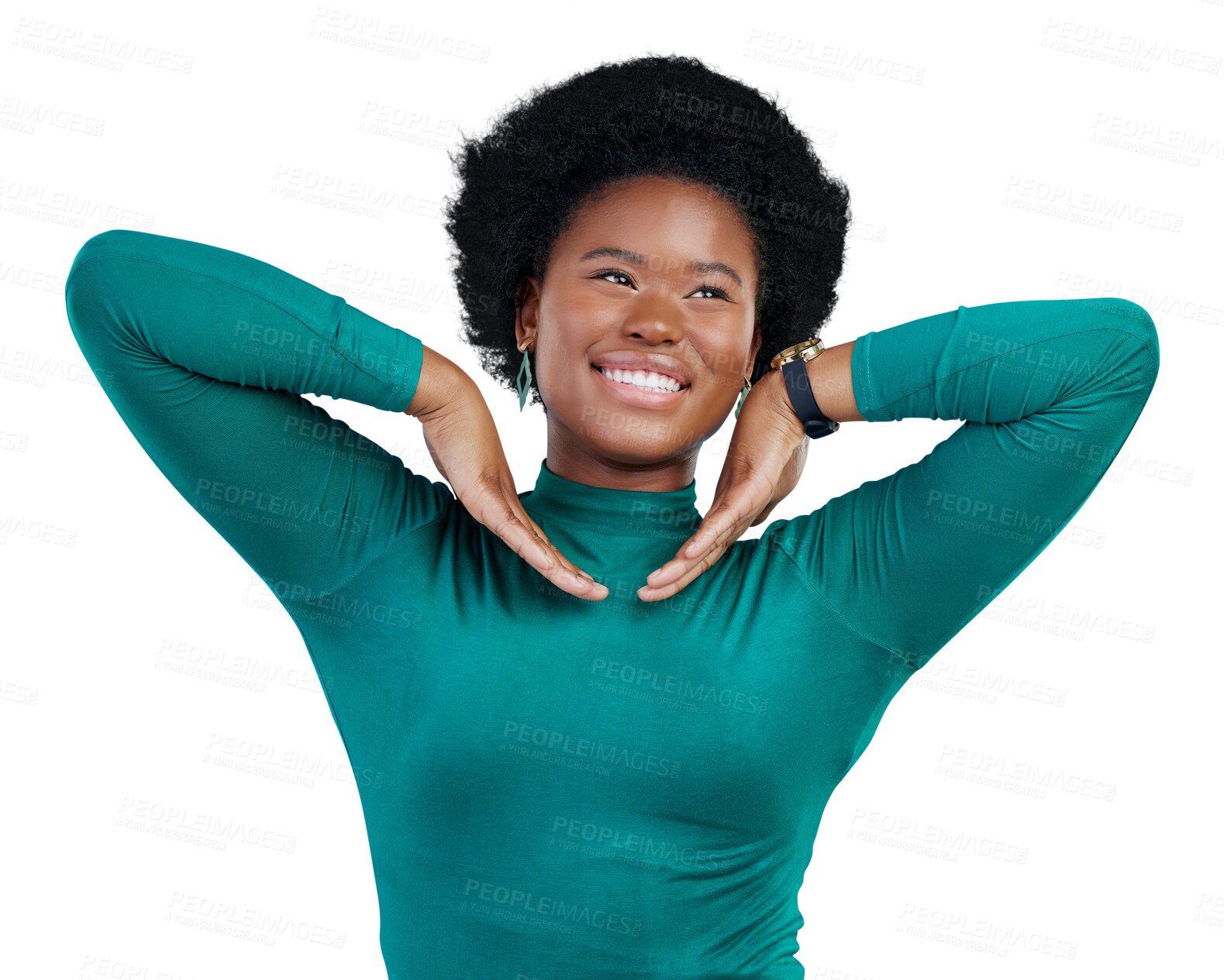 Buy stock photo Happy woman, hands and cute face or pose for fashion, confidence and trendy style with ideas or inspiration. Excited african model with smile and thinking isolated on a transparent, png background
