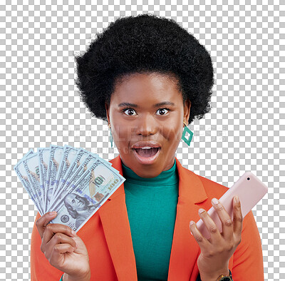 Buy stock photo Isolated black woman, money fan and phone for wow, shock or portrait by transparent png background. Girl, investor or trader with smartphone, profit and cash for win, giveaway or prize on fintech app