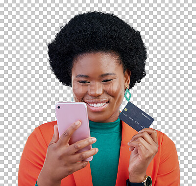 Buy stock photo Isolated black woman, phone and credit card for online shopping by transparent png background. Girl, banking and happy on fintech for discount, sales or app with financial freedom, payment or choice