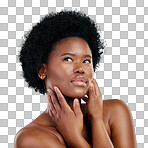 Face, skincare and beauty of black woman, touch and isolated in