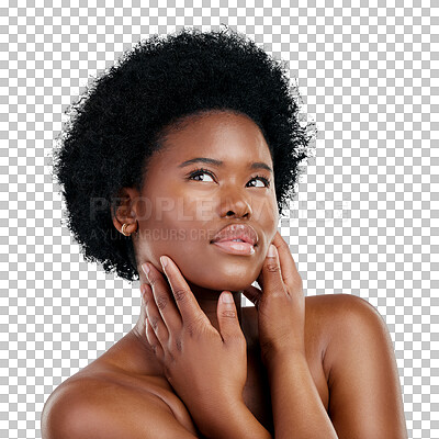 Buy stock photo Beauty, skincare and thinking with a natural black woman isolated on a transparent background for wellness. Face, aesthetic and idea with a confident young model on PNG for cosmetic treatment