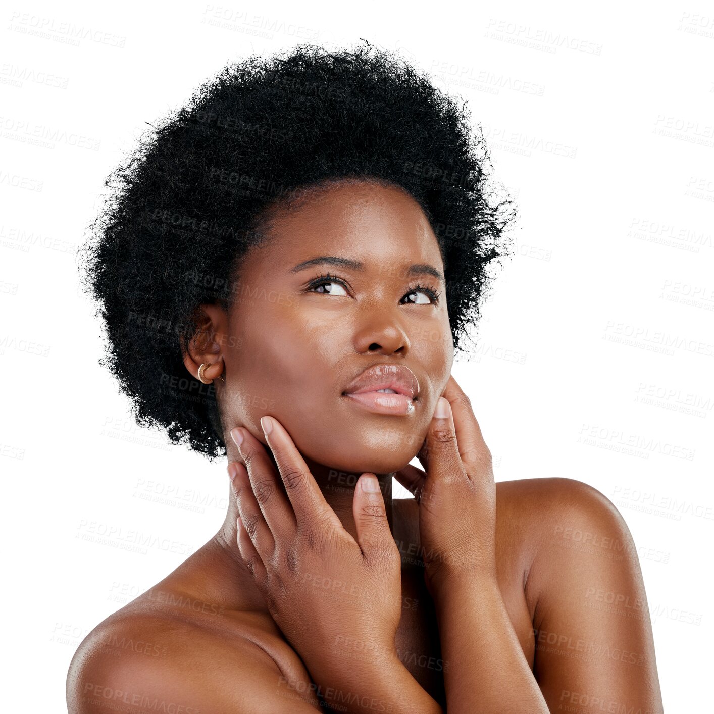 Buy stock photo Beauty, skincare and thinking with a natural black woman isolated on a transparent background for wellness. Face, aesthetic and idea with a confident young model on PNG for cosmetic treatment