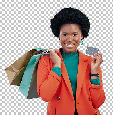 Buy stock photo Isolated African woman, shopping bag and credit card in portrait with smile by transparent png background. Girl, banking and happy for discount, sale or gift with financial freedom, payment or store