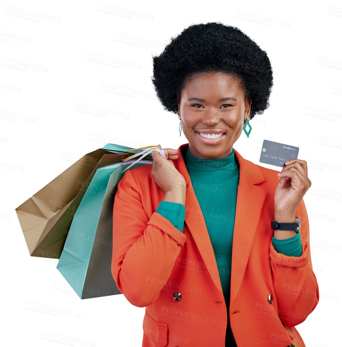 Buy stock photo Isolated African woman, shopping bag and credit card in portrait with smile by transparent png background. Girl, banking and happy for discount, sale or gift with financial freedom, payment or store