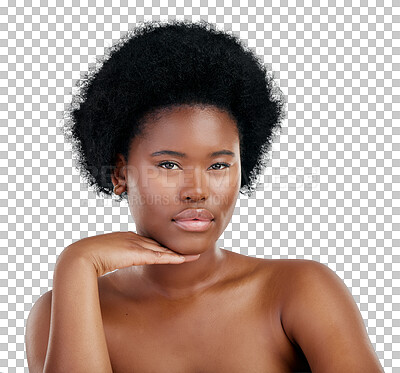 Buy stock photo Beauty, skincare and portrait of young black woman with natural, cosmetic and facial routine. Health, face and African female model with dermatology treatment isolated by transparent png background.