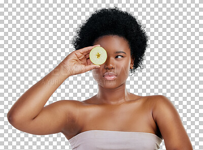 Buy stock photo Face, beauty and apple for health or nutrition with a black woman isolated on transparent background. Skincare, wellness and fruit for diet or detox with a confident young person on PNG for vitamins