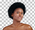 Portrait, afro and black woman with glow in skincare or cosmetic