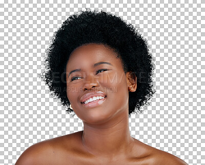 Buy stock photo Beauty, skincare and young black woman with natural, cosmetic and facial glow routine. Health, face and happy African female model with dermatology treatment isolated by transparent png background.