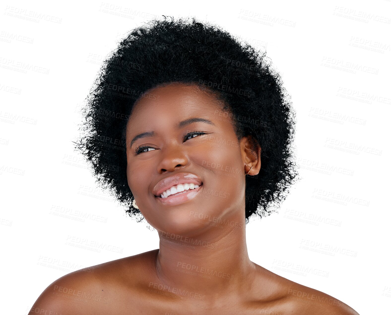 Buy stock photo Beauty, skincare and young black woman with natural, cosmetic and facial glow routine. Health, face and happy African female model with dermatology treatment isolated by transparent png background.