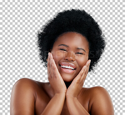 Buy stock photo Cosmetic, skincare and portrait of young black woman with natural, beauty and facial routine. Health, face and African female model with dermatology treatment isolated by transparent png background.