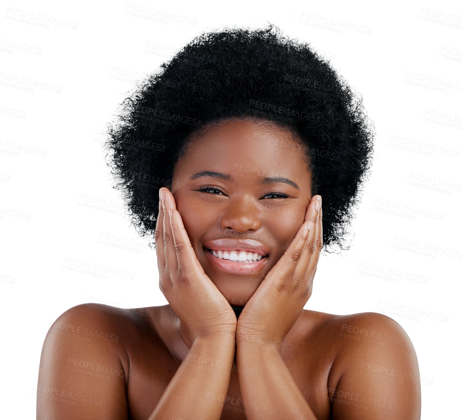 Buy stock photo Smile, skincare and portrait of young black woman with natural, cosmetic and facial routine. Health, happy and African female model with dermatology treatment isolated by transparent png background.