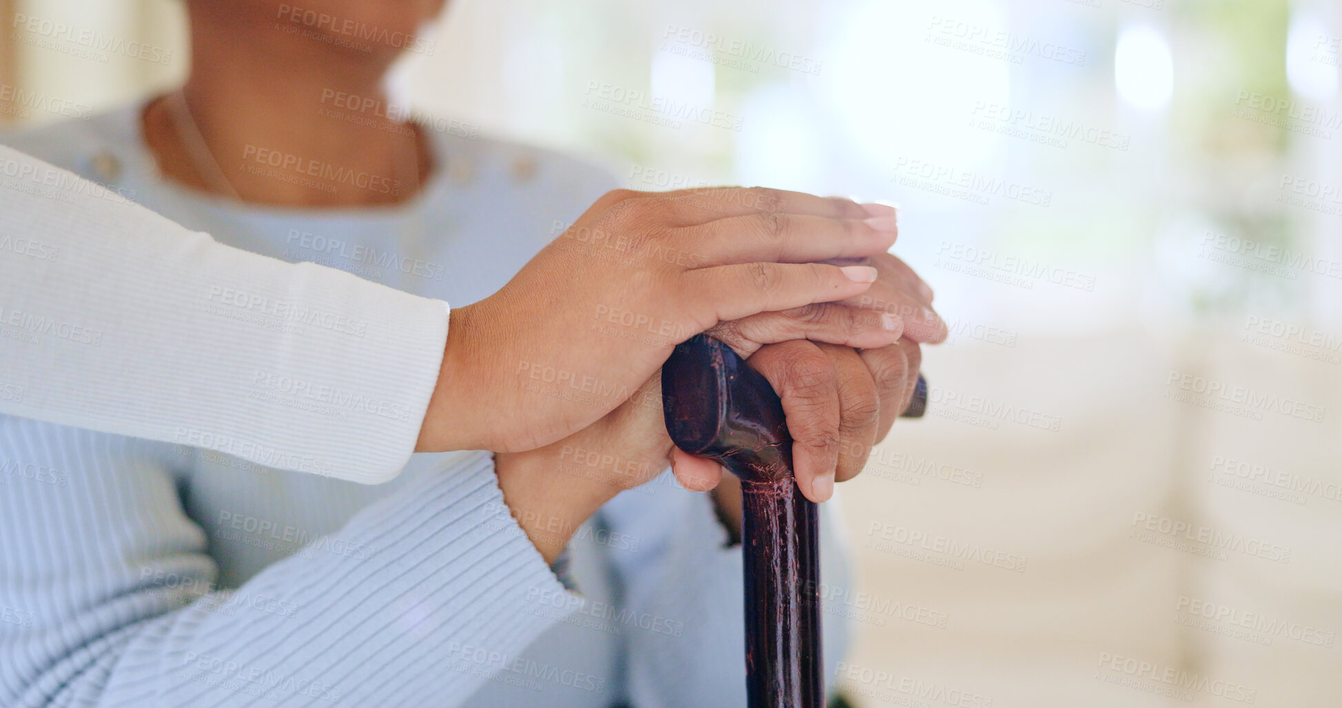 Buy stock photo Nurse, patient and hands or cane closeup or bad news comfort, trust empathy for diagnosis results. Medical worker, old woman and walking stick or fingers for caregiver advice help, clinic or hospital