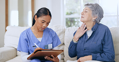 Buy stock photo Nurse, writing and elderly woman with neck pain, throat cancer and sick from medical infection, virus or thyroid. Home service, problem and caregiver with medical survey notes, assessment or report