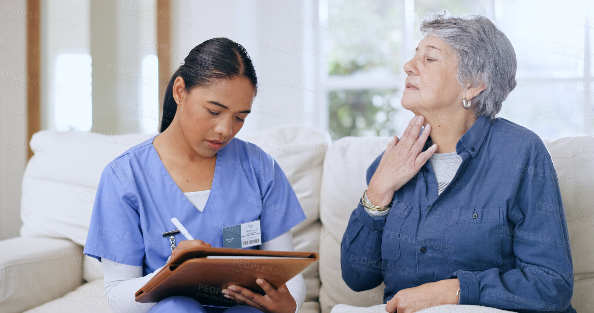 Buy stock photo Nurse, writing and elderly woman with neck pain, throat cancer and sick from medical infection, virus or thyroid. Home service, problem and caregiver with medical survey notes, assessment or report