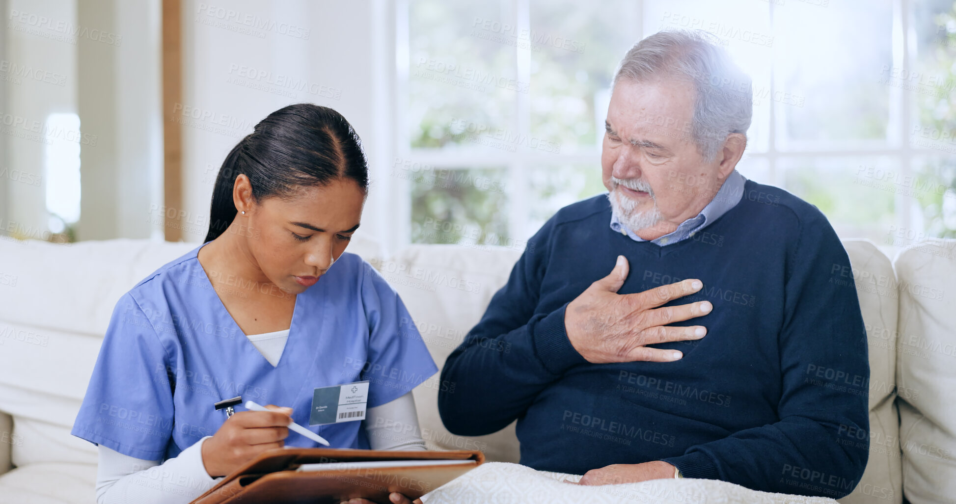 Buy stock photo Caregiver, consulting and elderly man with chest pain, lunge cancer or sick from medical infection, virus or tuberculosis. Nurse consultation, healthcare checklist or client explain breathing problem