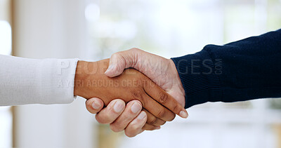 Buy stock photo Handshake, agreement and closeup of business people in office for welcome to a new recruit or partnership. Zoom of professional female manager with shaking hands offer for deal, greeting or thank you