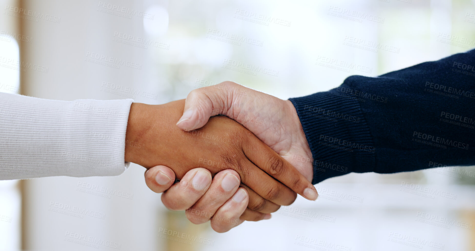 Buy stock photo Handshake, agreement and closeup of business people in office for welcome to a new recruit or partnership. Zoom of professional female manager with shaking hands offer for deal, greeting or thank you