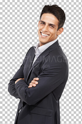 Buy stock photo Portrait, confidence or happy business man, salesman or agent smile for sales experience, job career or corporate work. Happiness, pride or professional seller isolated on transparent, png background