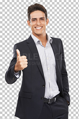 Buy stock photo Man, portrait and thumbs up for yes, business and employee on isolated transparent png background. Businessman, career and person for occupation, positive and corporate for company, face and smile
