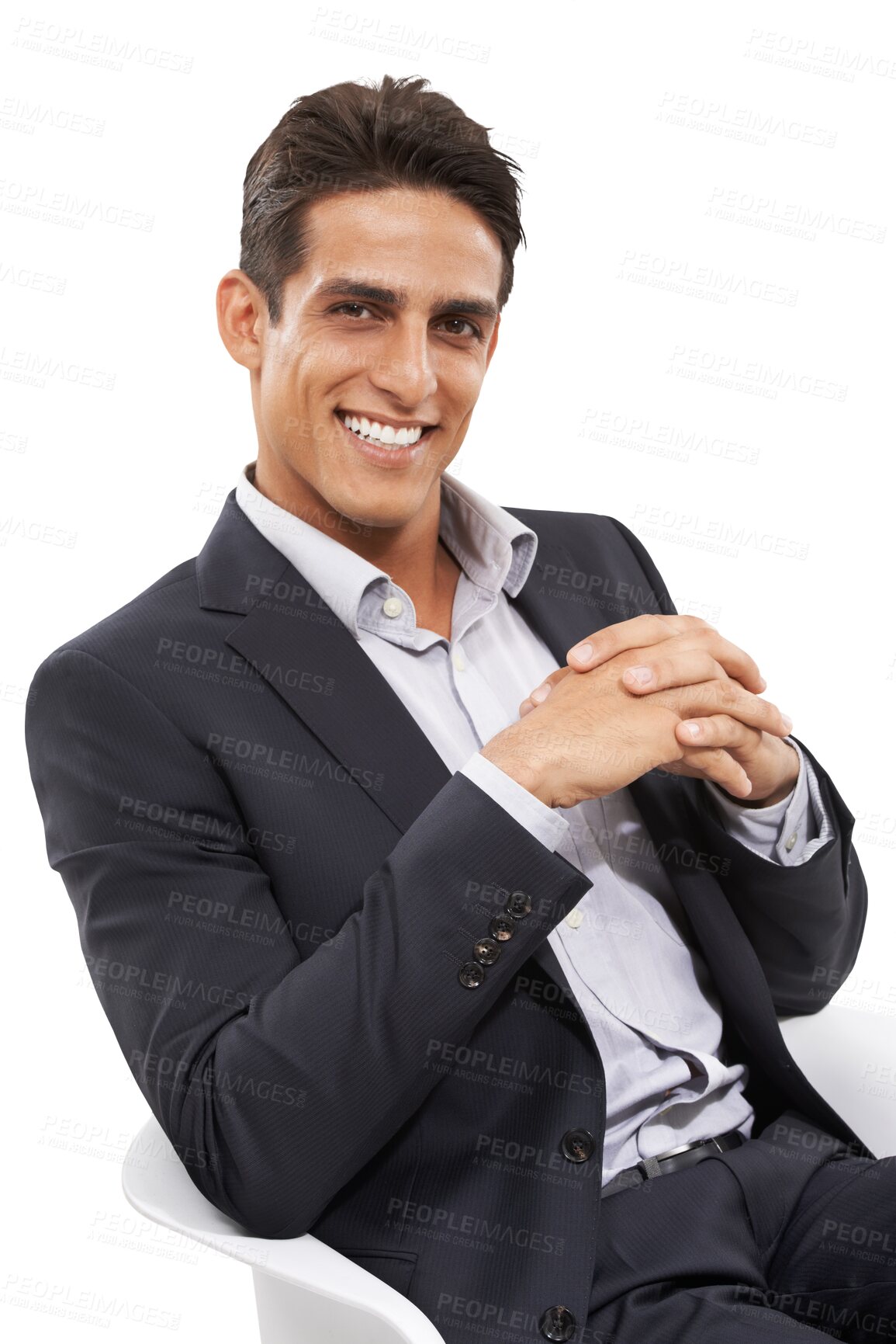 Buy stock photo Happy, portrait and young businessman with success for positive, good and confident attitude. Smile, professional and male lawyer from India with career isolated by transparent png background.