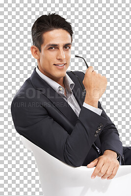 Buy stock photo Portrait, chair or professional man, psychologist or psychiatrist for job experience, occupation service or career. Confident, psychology expert or businessman isolated on transparent, png background