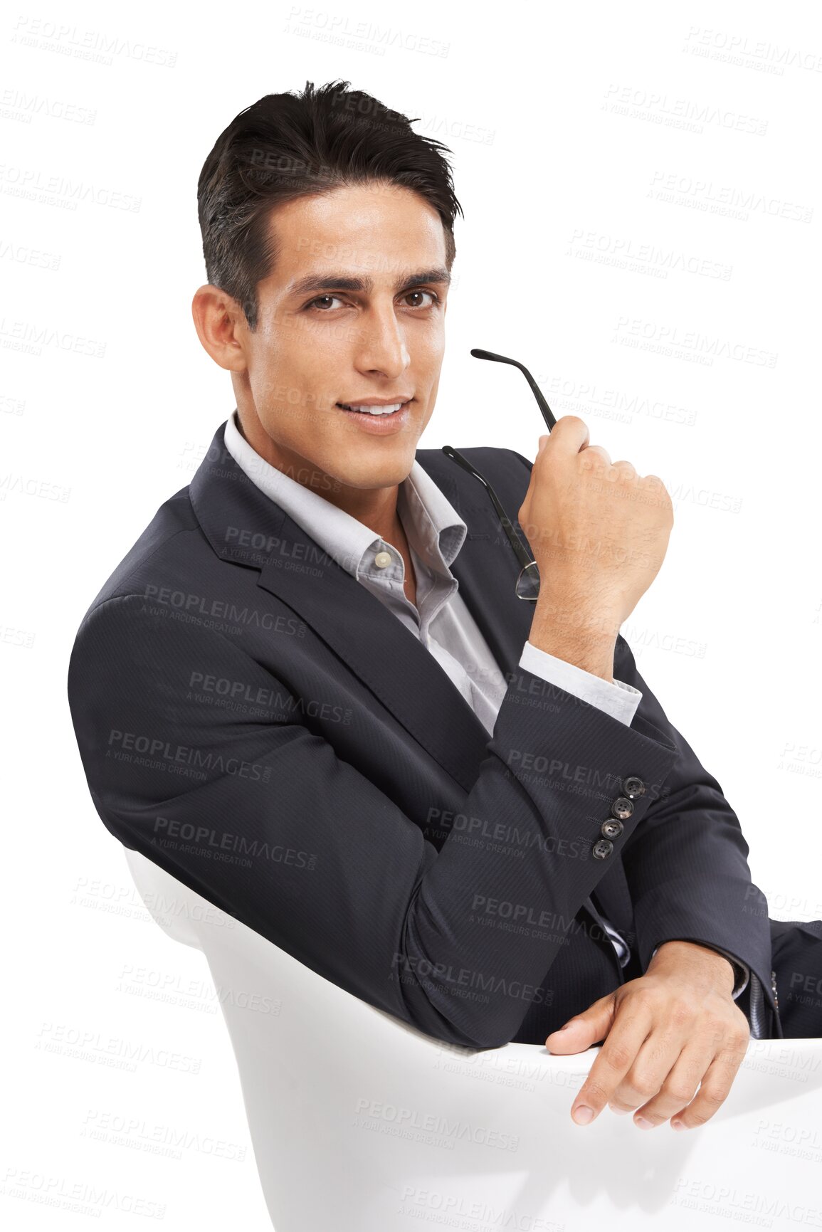 Buy stock photo Portrait, chair or professional man, psychologist or psychiatrist for job experience, occupation service or career. Confident, psychology expert or businessman isolated on transparent, png background