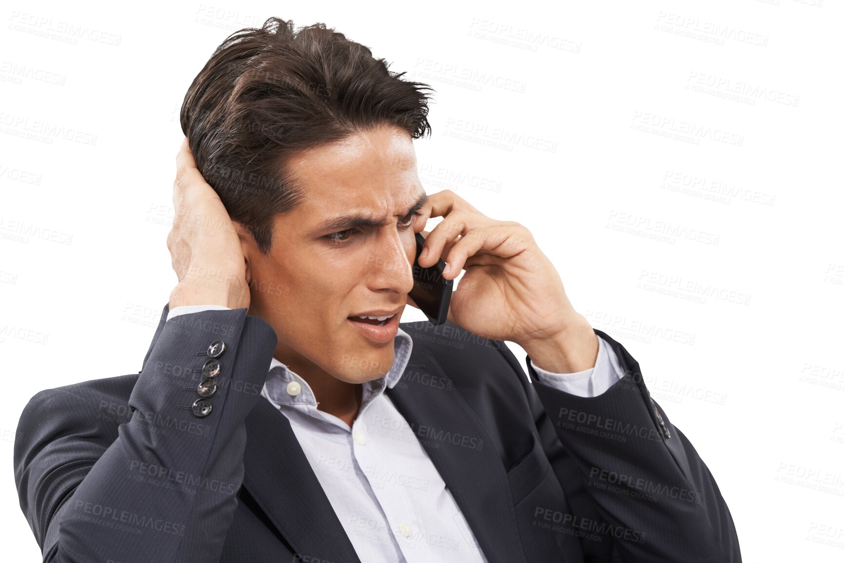 Buy stock photo Business, fear and man with phone call stress on isolated, transparent or png background. Smartphone, anxiety and male entrepreneur confused by calling glitch, phishing or stock market crash news