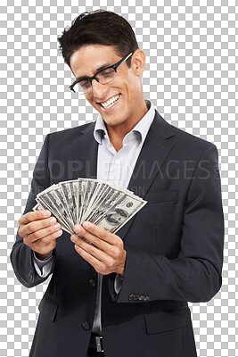 Buy stock photo Smile, money and business man with company competition prize, sales revenue or success achievement, reward or profit. Finance, bonus and winner counting cash isolated on transparent, png background
