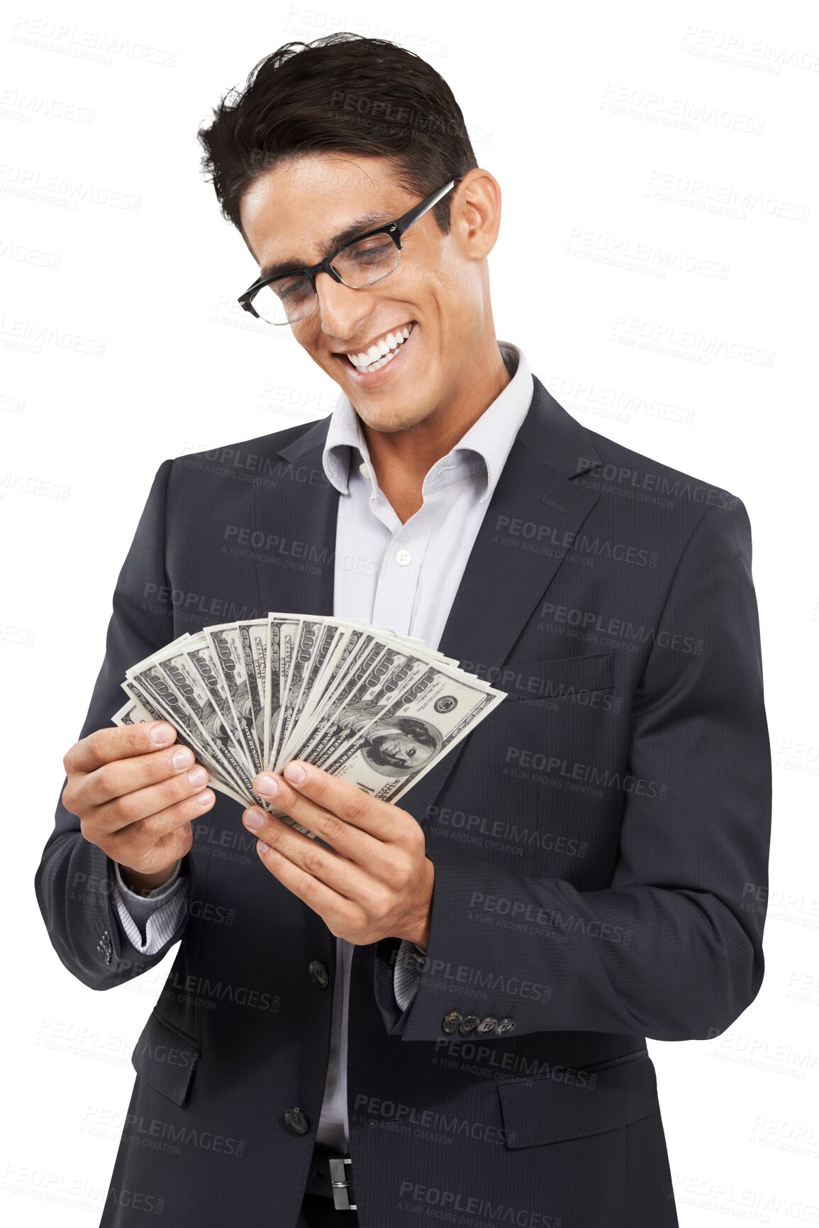 Buy stock photo Smile, money and business man with company competition prize, sales revenue or success achievement, reward or profit. Finance, bonus and winner counting cash isolated on transparent, png background
