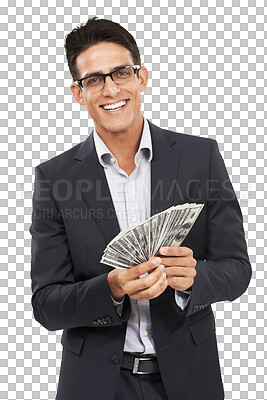 Buy stock photo Portrait, money and happy business man with company funding budget, 401k or success achievement, reward or profit. Financial giveaway, dollars and rich winner isolated on transparent, png background
