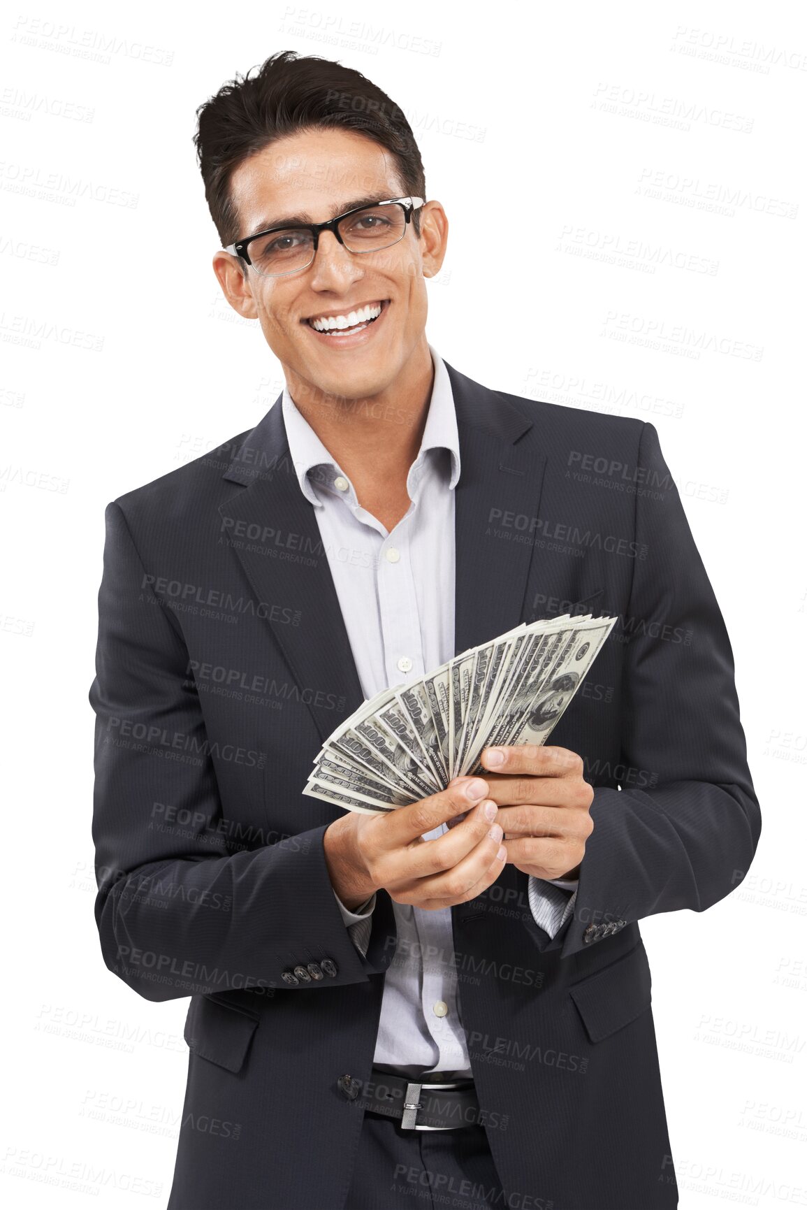 Buy stock photo Portrait, money and happy business man with company funding budget, 401k or success achievement, reward or profit. Financial giveaway, dollars and rich winner isolated on transparent, png background
