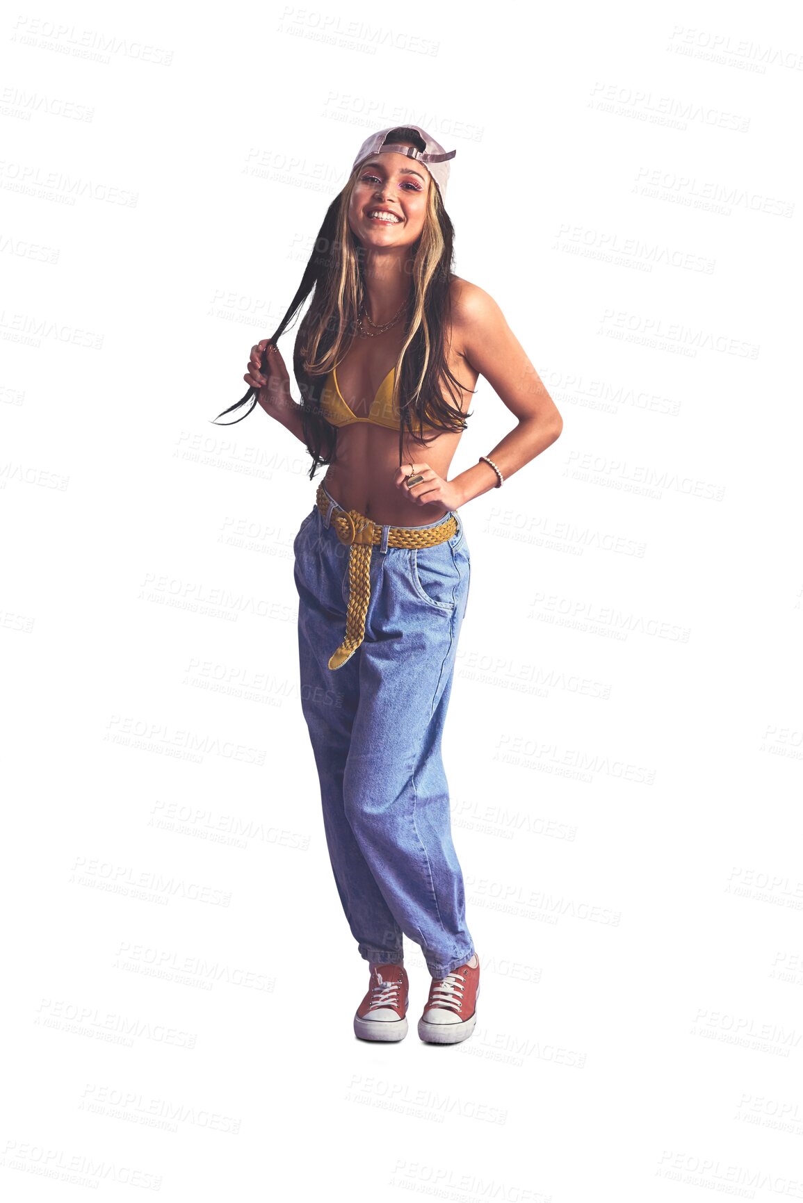 Buy stock photo Fashion, smile and portrait of young woman with stylish, trendy and cool retro outfit for confidence. Happy, vintage and full body of female model with style isolated by transparent png background.