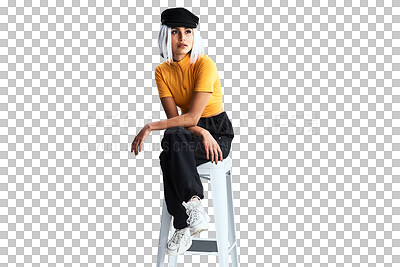 Buy stock photo Woman, face and retro for fashion with chair for cool, trendy or chic style with serious expression. Model, looking and baker hat on isolated or transparent png background for vintage, modern or look