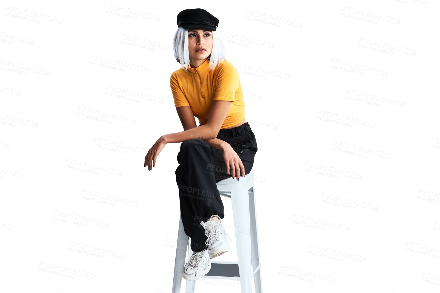 Buy stock photo Woman, face and retro for fashion with chair for cool, trendy or chic style with serious expression. Model, looking and baker hat on isolated or transparent png background for vintage, modern or look