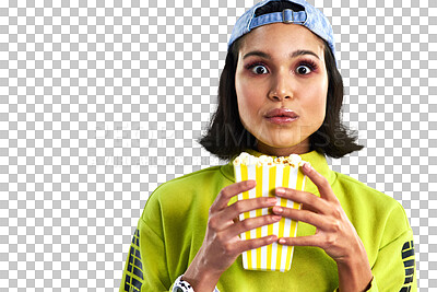 Buy stock photo Woman, popcorn and portrait, surprise and watching tv or streaming online for entertainment. Female person, face and shock or eating snack, subscription and isolated on transparent png background