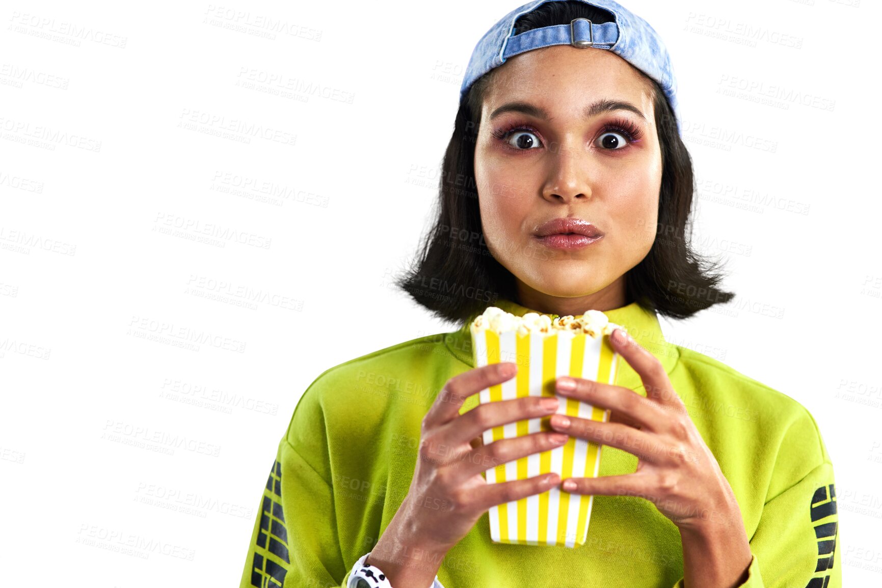 Buy stock photo Woman, popcorn and portrait, surprise and watching tv or streaming online for entertainment. Female person, face and shock or eating snack, subscription and isolated on transparent png background