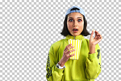 Buy stock photo Woman, popcorn and portrait, surprise and watching tv or streaming online for entertainment. Female person, face and shock or eating snack, subscription and isolated on transparent png background