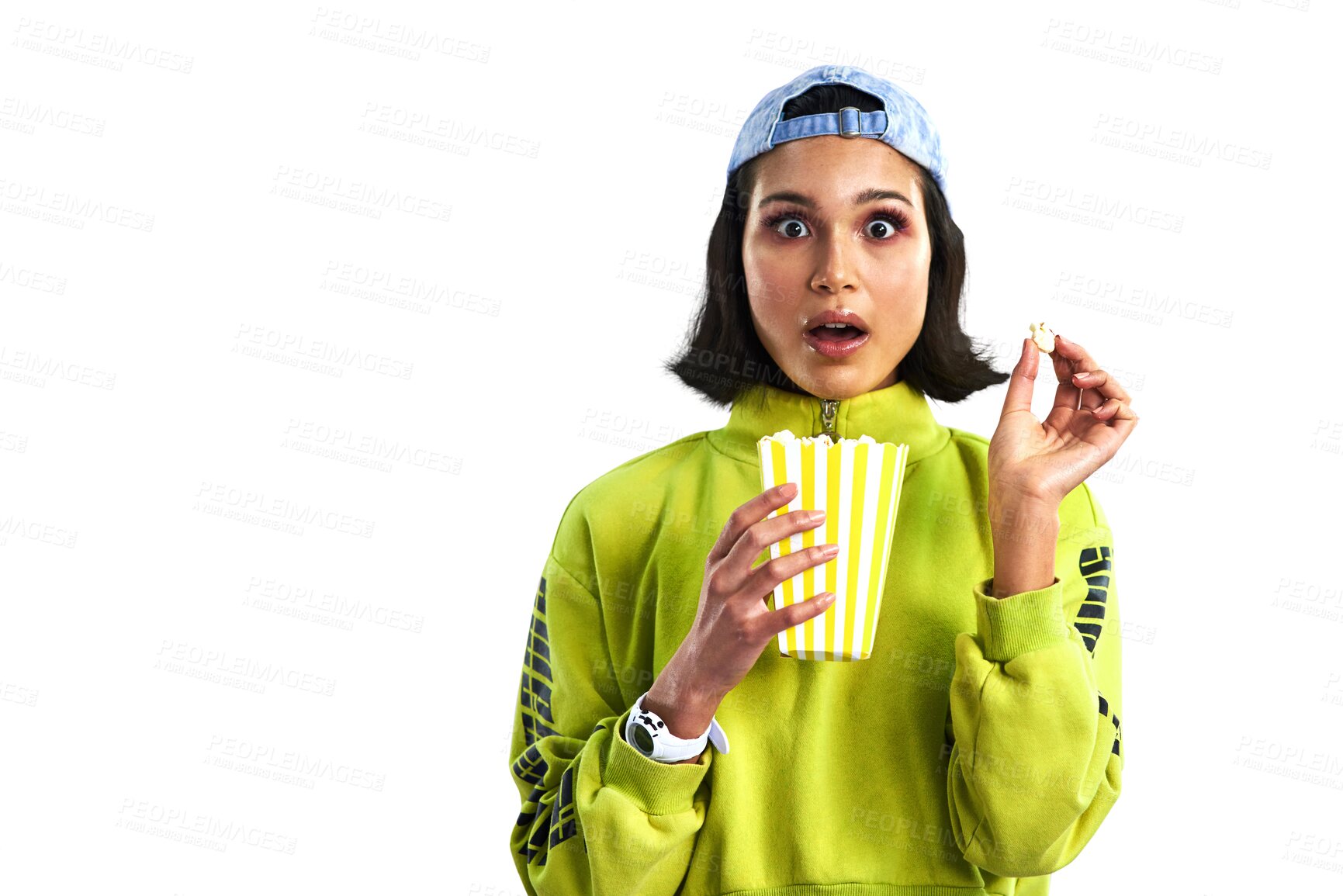 Buy stock photo Woman, popcorn and portrait, surprise and watching tv or streaming online for entertainment. Female person, face and shock or eating snack, subscription and isolated on transparent png background