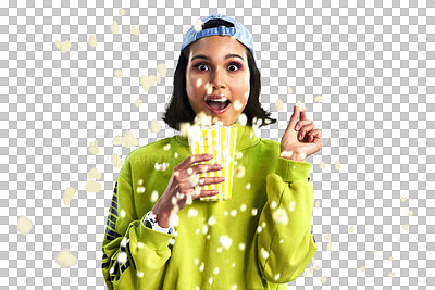 Buy stock photo Woman, popcorn and portrait or surprise, face and watching tv or streaming online for entertainment. Female person, shock and eating snack or subscription and isolated on transparent png background