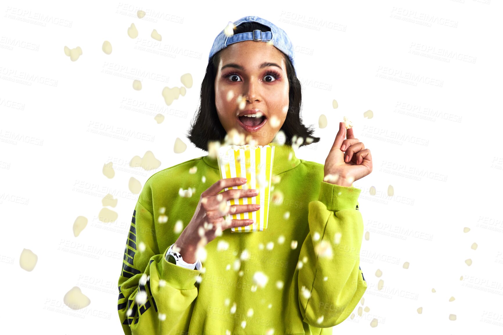 Buy stock photo Woman, popcorn and portrait or surprise, face and watching tv or streaming online for entertainment. Female person, shock and eating snack or subscription and isolated on transparent png background