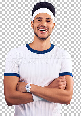 Buy stock photo Smile, crossed arms and portrait of man athlete in sportswear with confidence for fitness. Happy, pride and young male person with positive and good attitude isolated by transparent png background.