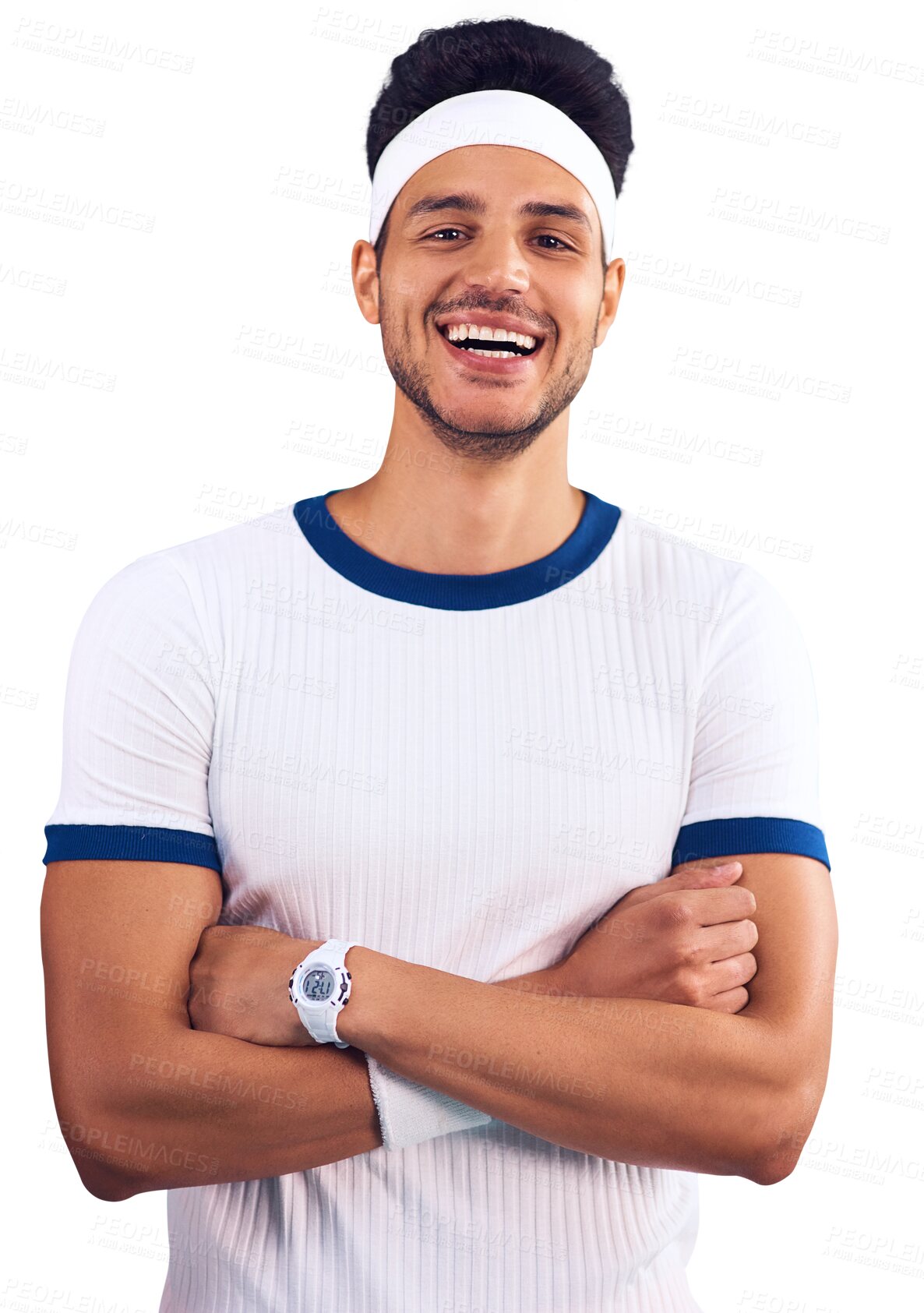 Buy stock photo Smile, crossed arms and portrait of man athlete in sportswear with confidence for fitness. Happy, pride and young male person with positive and good attitude isolated by transparent png background.